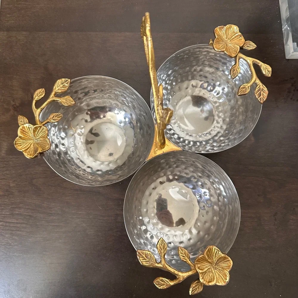 Hammered Stainless Steel 3-Bowl Condiment Server Gold Floral Branch Handle India